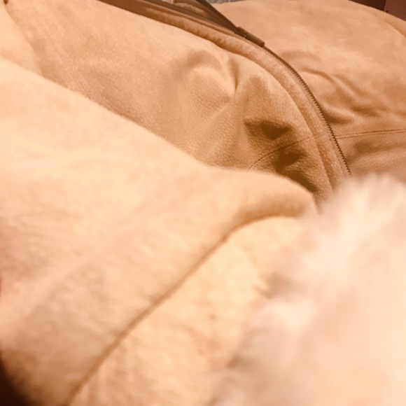 Medium beige washable suede hooded parka with faux fur Sherpa style lining - Picture 2 of 3